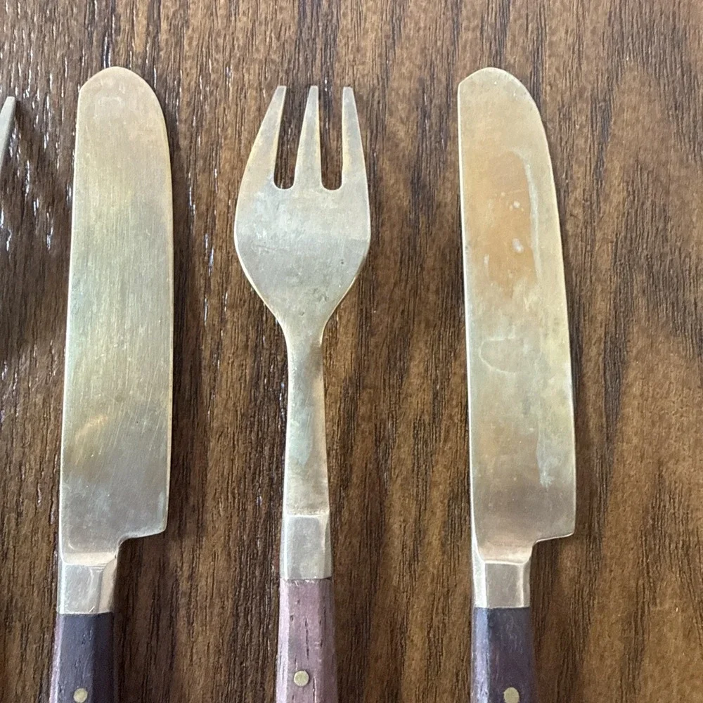 Vintage Wood And Brass Meat & Cheese Fork And Knife Set Charcuterie Board